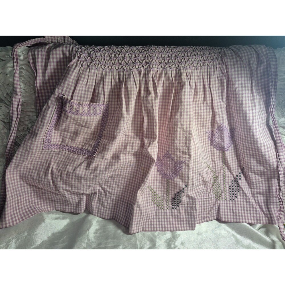 Vtg Purple & White Gingham Check Cotton Hostess Half Apron Cross Stitch Design
